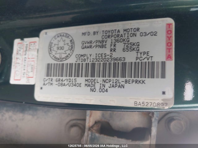 2002 Toyota Echo მანქანა იყიდება აუქციონზე, vin: JTDBT123220239663, აუქციონის ნომერი: 12625785