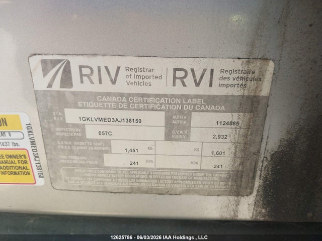 12625786 :رقم المزاد ، 1GKLVMED3AJ138150 vin ، 2010 Gmc Acadia Slt-1 مزاد بيع