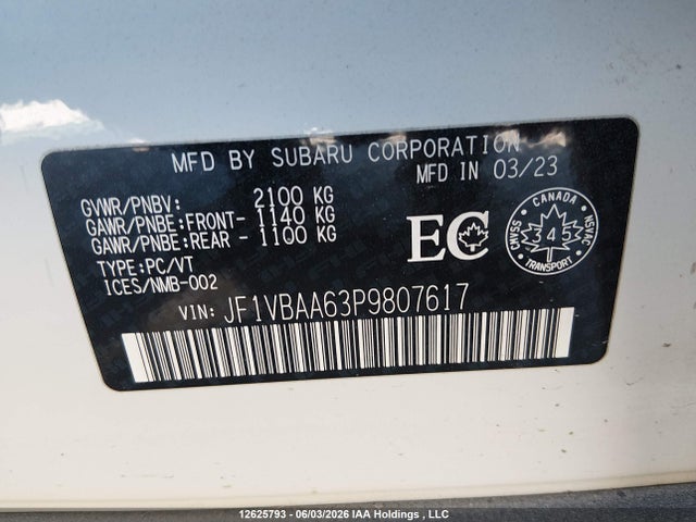 12625793 :رقم المزاد ، JF1VBAA63P9807617 vin ، 2023 Subaru Wrx مزاد بيع