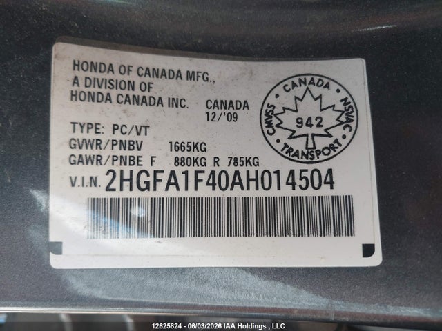 2010 Honda Civic Dx-g მანქანა იყიდება აუქციონზე, vin: 2HGFA1F40AH014504, აუქციონის ნომერი: 12625824