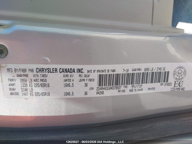 12625827 :رقم المزاد ، 2D4RN4DE6AR378937 vin ، 2010 Dodge Grand Caravan Se مزاد بيع
