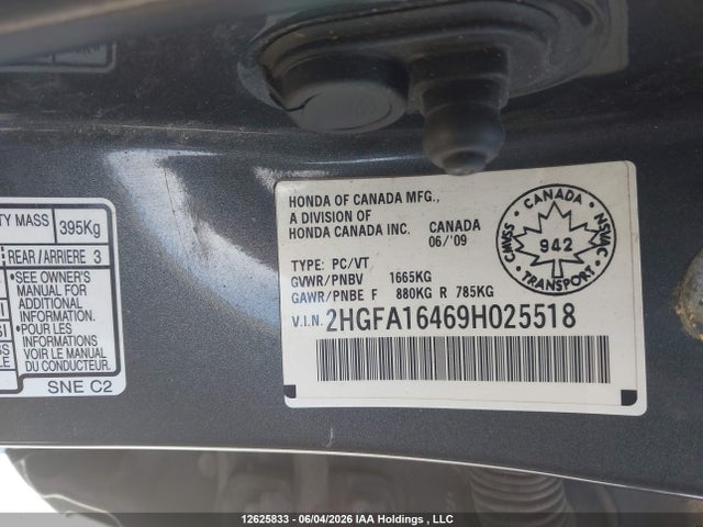 2009 Honda Civic Dx-g მანქანა იყიდება აუქციონზე, vin: 2HGFA16469H025518, აუქციონის ნომერი: 12625833