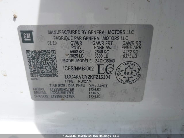 12625846 :رقم المزاد ، 1GC4KVCY2KF216104 vin ، 2019 Chevrolet Silverado 3500hd Wt مزاد بيع