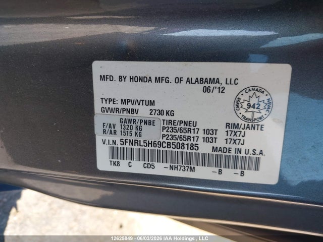 12625849 :رقم المزاد ، 5FNRL5H69CB508185 vin ، 2012 Honda Odyssey Exl مزاد بيع