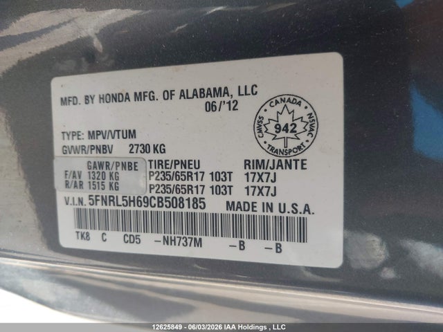 Продаж на аукціоні авто 2012 Honda Odyssey Exl, vin: 5FNRL5H69CB508185, номер лоту: 12625849