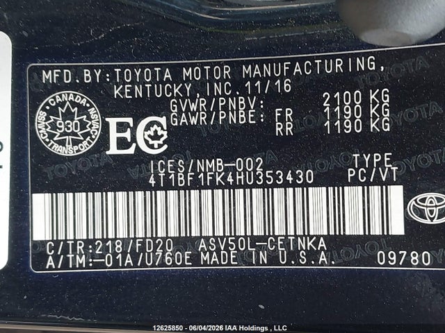 12625850 :رقم المزاد ، 4T1BF1FK4HU353430 vin ، 2017 Toyota Camry Le مزاد بيع