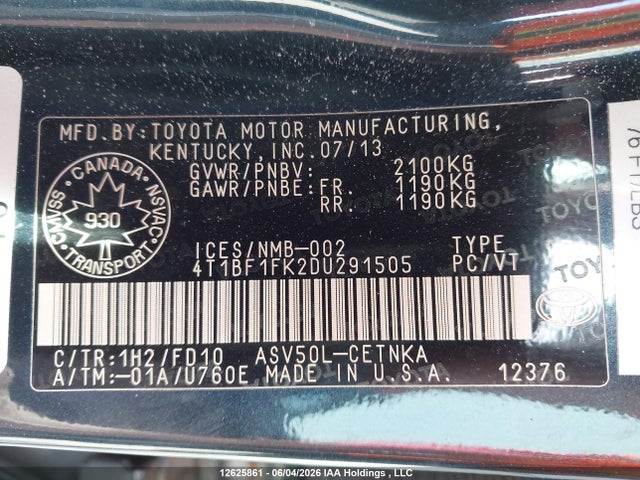 2013 Toyota Camry Le მანქანა იყიდება აუქციონზე, vin: 4T1BF1FK2DU291505, აუქციონის ნომერი: 12625861