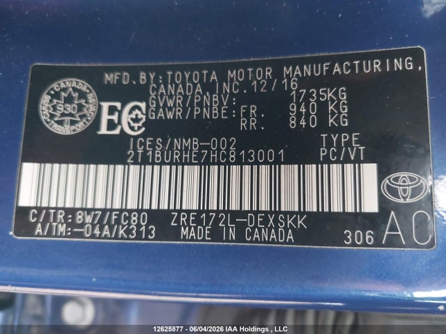 12625877 :رقم المزاد ، 2T1BURHE7HC813001 vin ، 2017 Toyota Corolla مزاد بيع