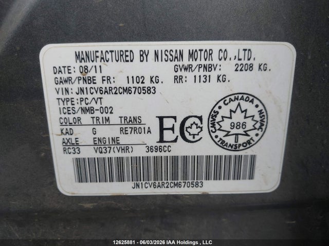 Продаж на аукціоні авто 2012 Infiniti G37, vin: JN1CV6AR2CM670583, номер лоту: 12625881