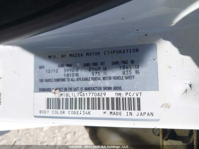 12625886 :رقم المزاد ، JM1BL1L74D1770829 vin ، 2013 Mazda 3 I مزاد بيع