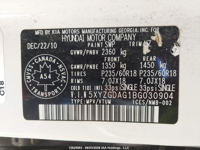 2011 Hyundai Santa Fe Gls მანქანა იყიდება აუქციონზე, vin: 5XYZGDAG1BG030904, აუქციონის ნომერი: 12625893