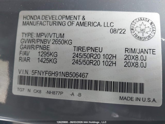 Продаж на аукціоні авто 2022 Honda Pilot Touring 8p, vin: 5FNYF6H91NB506467, номер лоту: 12625900