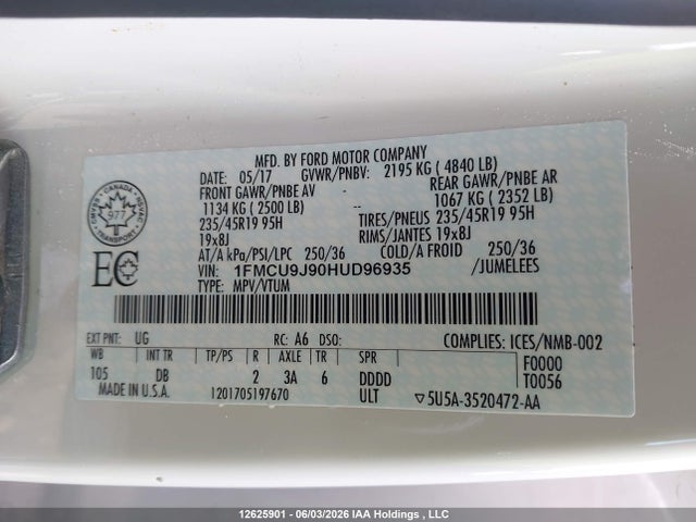 Продаж на аукціоні авто 2017 Ford Escape Titanium, vin: 1FMCU9J90HUD96935, номер лоту: 12625901