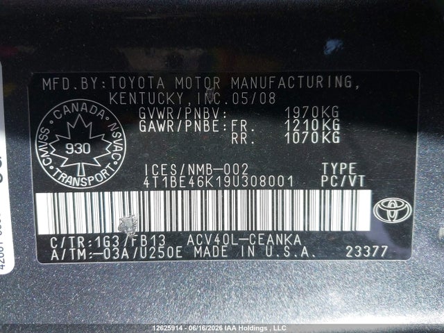 2009 Toyota Camry Le მანქანა იყიდება აუქციონზე, vin: 4T1BE46K19U308001, აუქციონის ნომერი: 12625914
