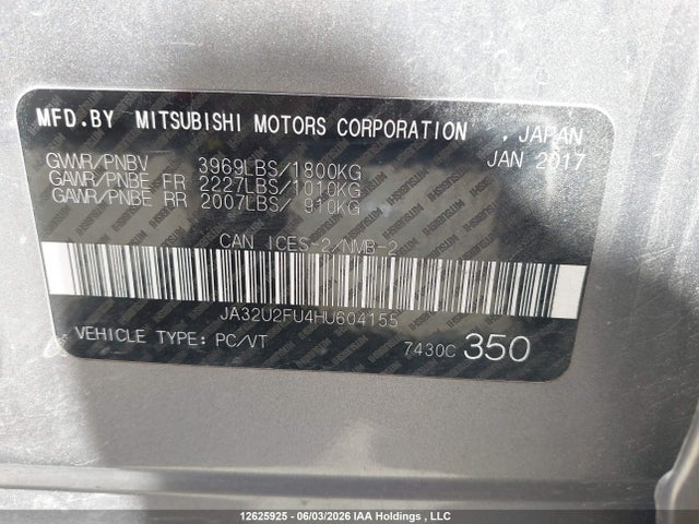 Aukcja sprzedaży 2017 Mitsubishi Lancer Es, vin: JA32U2FU4HU604155, numer aukcji: 12625925