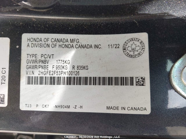 2023 Honda Civic მანქანა იყიდება აუქციონზე, vin: 2HGFE2F53PH100126, აუქციონის ნომერი: 12625931