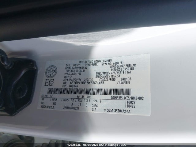 Продажа на аукционе авто 2019 Ford F-150 Xlt, vin: 1FTEW1EP7KFB71456, номер лота: 12625936