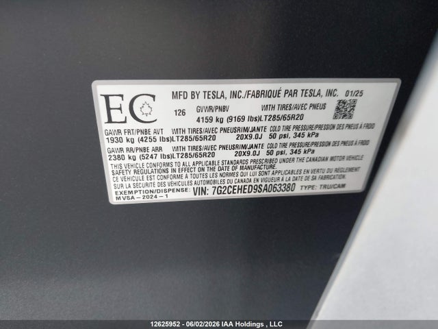 12625952 :رقم المزاد ، 7G2CEHED9SA063380 vin ، 2025 Tesla Cybertruck Awd مزاد بيع