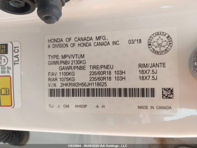 2018 Honda Cr-v Ex მანქანა იყიდება აუქციონზე, vin: 2HKRW2H56JH118625, აუქციონის ნომერი: 12625964