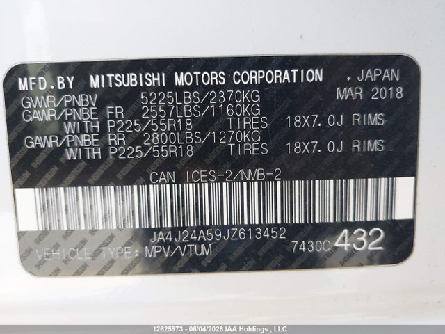 12625973 :رقم المزاد ، JA4J24A59JZ613452 vin ، 2018 Mitsubishi Outlander Phev Gt/se مزاد بيع