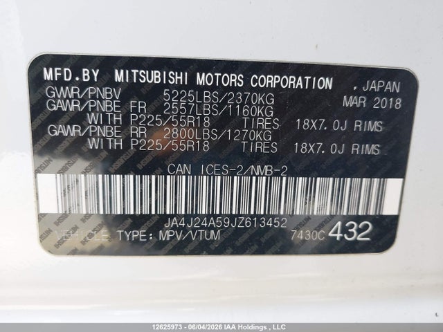 12625973 :رقم المزاد ، JA4J24A59JZ613452 vin ، 2018 Mitsubishi Outlander Phev Gt/se مزاد بيع