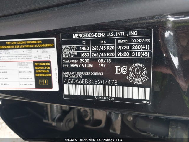 12625977 :رقم المزاد ، 4JGDA6EB3KB207478 vin ، 2019 Mercedes-benz Gle 43 Amg مزاد بيع
