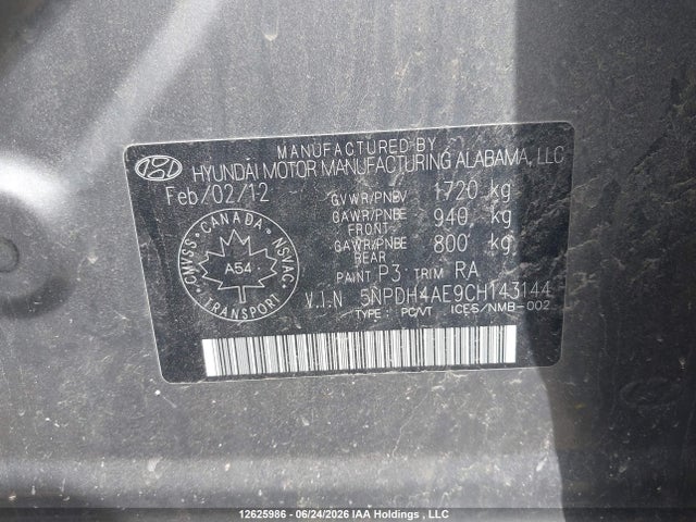 Aukcja sprzedaży 2012 Hyundai Elantra Gls/limited, vin: 5NPDH4AE9CH143144, numer aukcji: 12625986