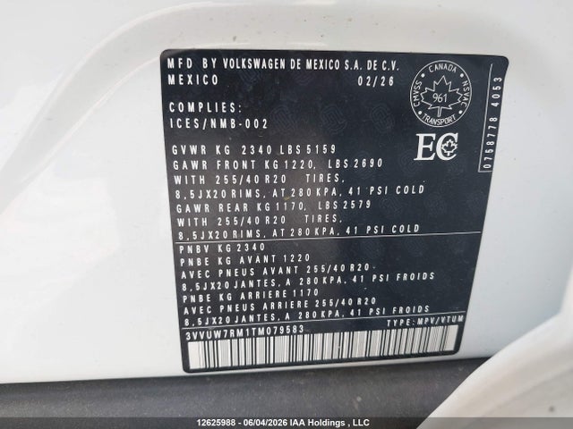 Aukcja sprzedaży 2026 Volkswagen Tiguan Sel R-line Turbo, vin: 3VVUW7RM1TM079583, numer aukcji: 12625988