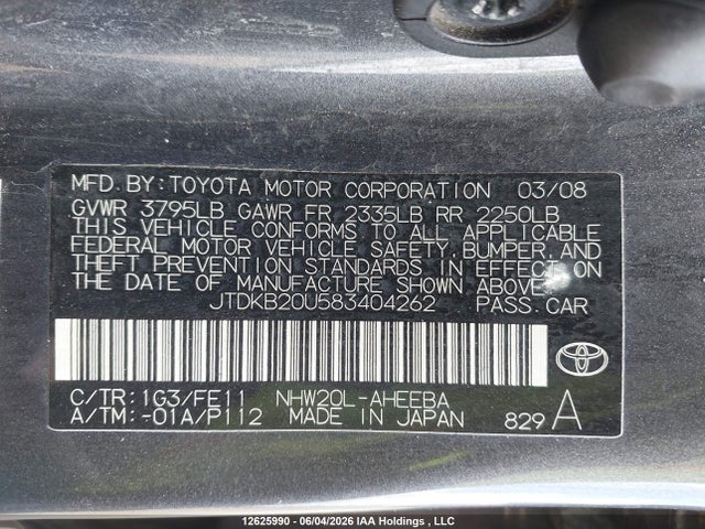 12625990 :رقم المزاد ، JTDKB20U583404262 vin ، 2008 Toyota Prius مزاد بيع