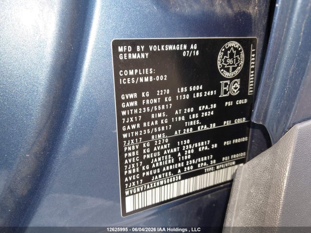 Продаж на аукціоні авто 2017 Volkswagen Tiguan Wolfsburg Edition, vin: WVGNV7AXXHW506936, номер лоту: 12625995
