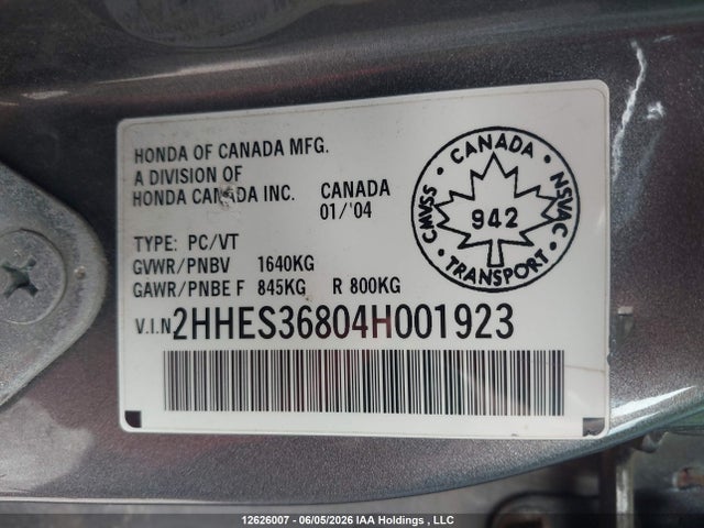 Продажа на аукционе авто 2004 Acura El Premium, vin: 2HHES36804H001923, номер лота: 12626007