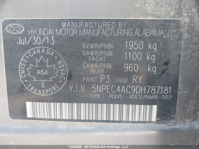 Продаж на аукціоні авто 2013 Hyundai Sonata, vin: 5NPEC4AC9DH787181, номер лоту: 12626009