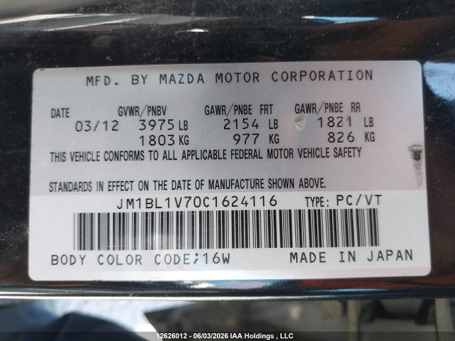 12626012 :رقم المزاد ، JM1BL1V70C1624116 vin ، 2012 Mazda 3 I مزاد بيع