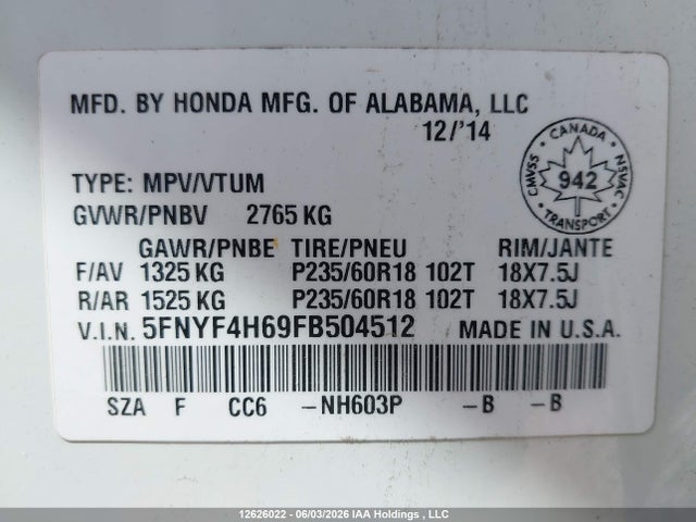 2015 Honda Pilot Exl მანქანა იყიდება აუქციონზე, vin: 5FNYF4H69FB504512, აუქციონის ნომერი: 12626022