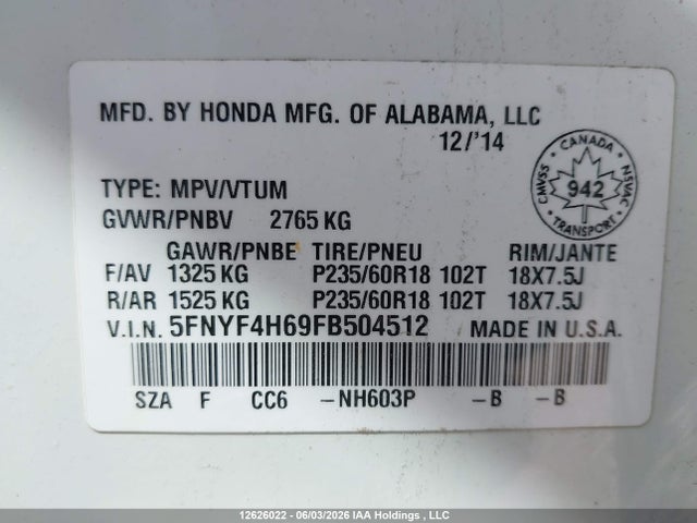 2015 Honda Pilot Exl მანქანა იყიდება აუქციონზე, vin: 5FNYF4H69FB504512, აუქციონის ნომერი: 12626022
