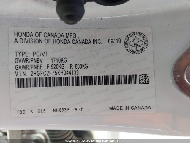 Honda CIVIC EX 2019 2HGFC2F75KH044139 Image 9
