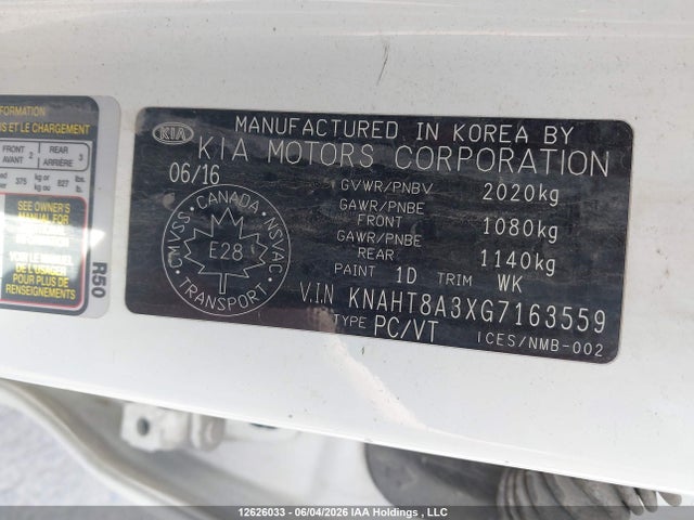 Aukcja sprzedaży 2016 Kia Rondo Lx/lx Value, vin: KNAHT8A3XG7163559, numer aukcji: 12626033