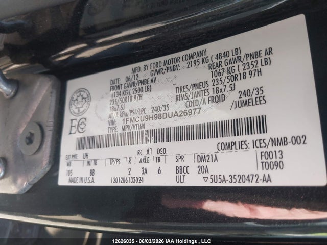 Aukcja sprzedaży 2013 Ford Escape Sel, vin: 1FMCU9H98DUA26977, numer aukcji: 12626035