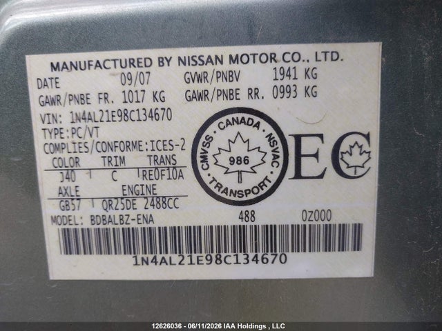 2008 Nissan Altima 2.5/2.5s მანქანა იყიდება აუქციონზე, vin: 1N4AL21E98C134670, აუქციონის ნომერი: 12626036