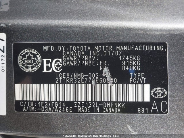 12626040 :رقم المزاد ، 2T1KR32E77C660030 vin ، 2007 Toyota Corolla Matrix Xr مزاد بيع