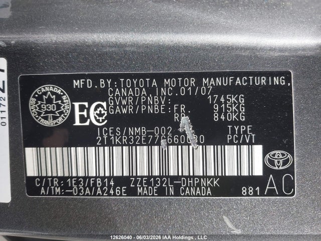 12626040 :رقم المزاد ، 2T1KR32E77C660030 vin ، 2007 Toyota Corolla Matrix Xr مزاد بيع