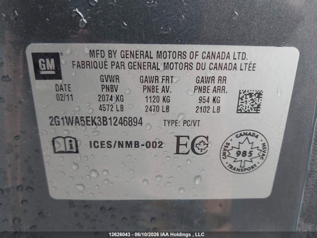 12626043 :رقم المزاد ، 2G1WA5EK3B1246894 vin ، 2011 Chevrolet Impala Ls مزاد بيع