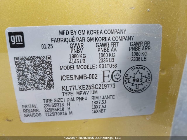 12626067 :رقم المزاد ، KL77LKE25SC219773 vin ، 2025 Chevrolet Trax Activ Fwd مزاد بيع