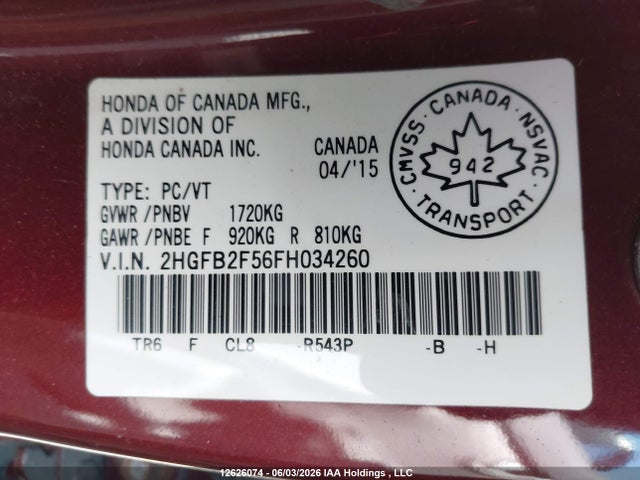 Продаж на аукціоні авто 2015 Honda Civic Ex, vin: 2HGFB2F56FH034260, номер лоту: 12626074