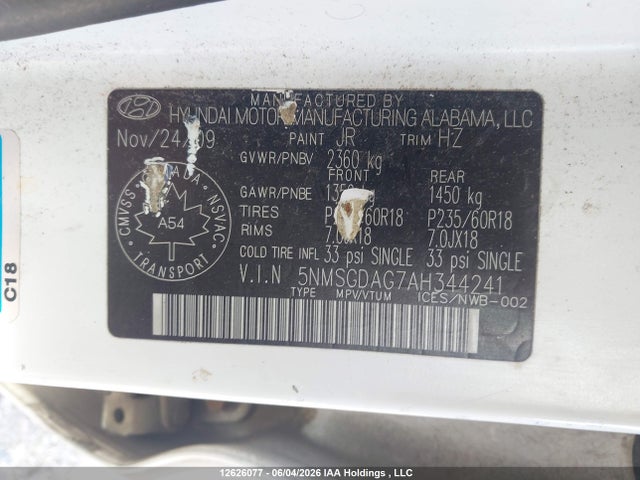Продажа на аукционе авто 2010 Hyundai Santa Fe Gls, vin: 5NMSGDAG7AH344241, номер лота: 12626077