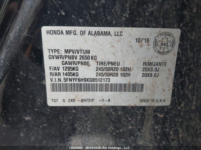 Aukcja sprzedaży 2016 Honda Pilot Touring, vin: 5FNYF6H9XGB512173, numer aukcji: 12626080