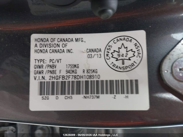 Продаж на аукціоні авто 2013 Honda Civic, vin: 2HGFB2F78DH108910, номер лоту: 12626089