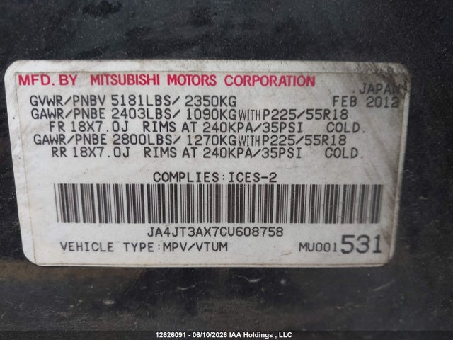 Продаж на аукціоні авто 2012 Mitsubishi Outlander, vin: JA4JT3AX7CU608758, номер лоту: 12626091