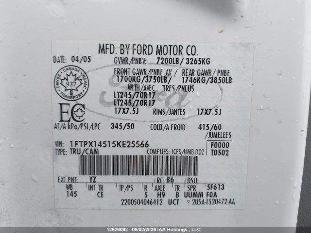 Продажа на аукционе авто 2005 Ford F-150 Fx4/lariat/xl/xlt, vin: 1FTPX14515KE25566, номер лота: 12626092