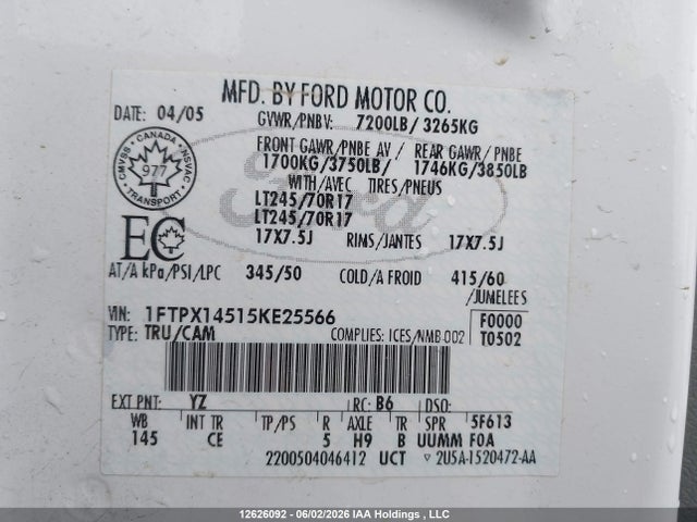Продажа на аукционе авто 2005 Ford F-150 Fx4/lariat/xl/xlt, vin: 1FTPX14515KE25566, номер лота: 12626092